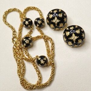 Vintage Gem Craft Stars Hearts Black Enamel Gold Tone Necklace Earrings Set